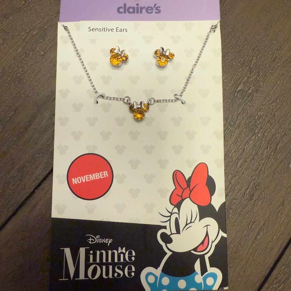 Disney’s Minnie Mouse Necklace & Earring Set NWT November Birthstone